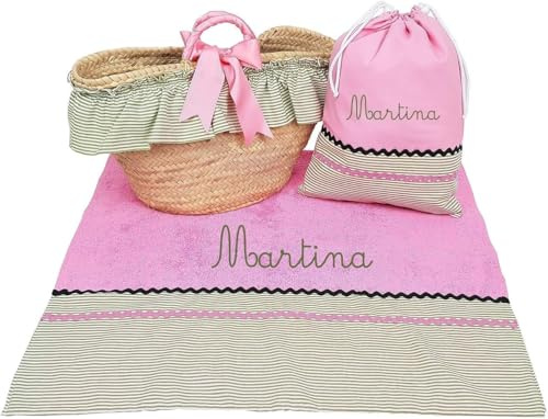 Capazo Mimbre, Toalla de Playa, Bolsa bañadores Personalizado para niña - Conjunto piscina infantil con nombre - 3 piezas (Good Vibes Rosa/Verde)