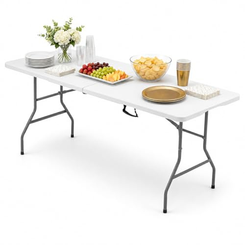 URBNLIVING 6ft Folding Trestle Table, Heavy Duty Resin Top with Steel Frame & Carry Handle, Portable Indoor Outdoor Catering Table for BBQ Party Camping