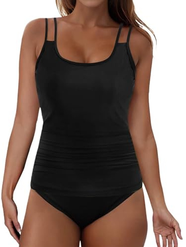 Bañador Mujer Talla Grande, Traje De Baño Push Up De Verano para Mujer Elegante Conjunto Tankini con Controlabdomen Color Liso Trajebaño con Volantes Top Sexyshortsbaño Trajebañodos Piezascintura
