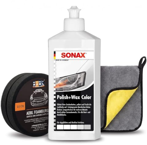 Quentus Group Politur-Set für SONAX Autopolitur Weiß 250 ml – Applikationsschwamm und Mikrofasertuch, Auto Politur gegen Kratzer für helle Lacke