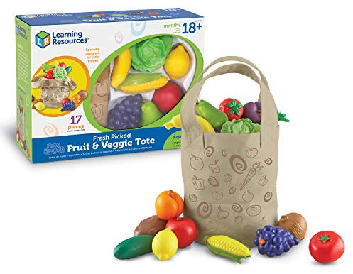 Learning Resources New Sprouts Früchte und Gemüse Set im Baumwollbeutel, Ab 2 Jahren, Spiellebensmittel aus Kunststoff, Sprachförderung und Rollenspiel für Kinderhände