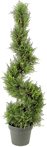 Admired By Nature 36 Inch Artificial Cypress Plants Spiral Shape Topiary Plant Tree W Planters, For Home Décor, Office Desk, Front Porch Indoor Outdoor, Two Tone Green with Green Pot, GTR4632-NATURAL