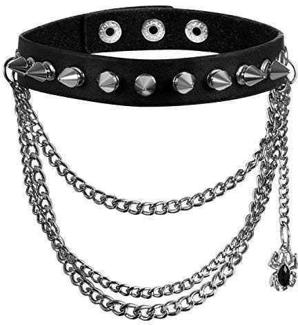 Cupimatch Damen Leder Choker Kette Schwarz Halskette Silber, Punk Rock Spinne Nieten Anhänger Kette einstellbar Kragen Halsband Halloween Schmuck für Frauen