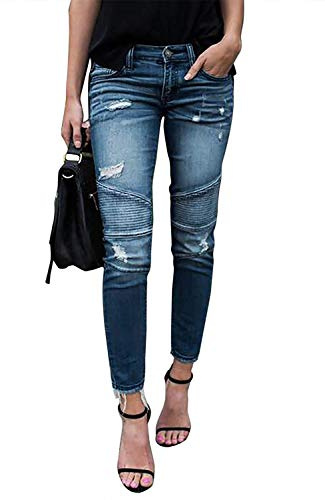 Minetom Femme Jeans Déchiré Push Up Skinny Slim Fit Stretch Boyfriend Denim Jean Troué Pantalons Jeggings Pants Casual Rétro A Bleu Clair 01 XL
