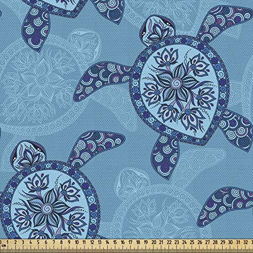 ABAKUHAUS Schildkröte Gewebe als Meterware, Wassertiere Blumen, Schön Gewebten Stoff für Polster und Wohnaccessoires, 1M (148x100cm),Dunkel türkis