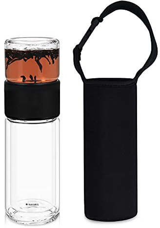 Navaris Teeflasche aus Glas mit Edelstahl Sieb - 240ml Tee Flasche Teekanne to go - Teebecher Trinkflasche Teebereiter aus Borosilikatglas mit Hülle