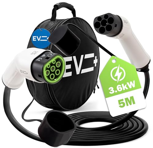 EV + Elektrofahrzeug-Ladekabel - Typ 2 auf Typ 2-5 Meter PHEV- und EV-Ladekabel - 1-Phase 16A (3,6 kW) Schwarz- Gratis Tragetasche - EU CE IP55