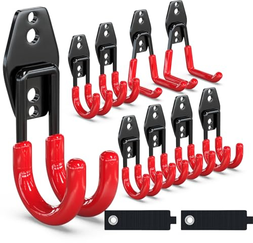3-H Garage Wall Hooks 10 Pack, Garage Hooks Heavy Duty with Extra Welding Spots, Wall Storage Organizer for Hanging for Garden, Lawn, Yard (Red)