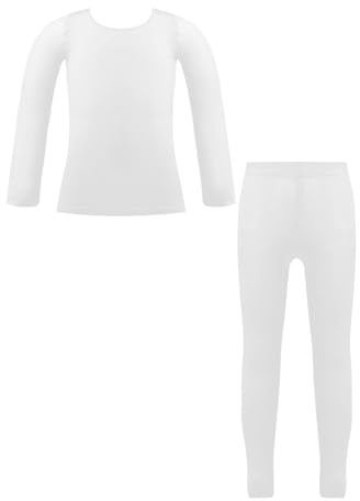 Freebily Tuta da Ginnastica Bambina per Danza Classica Balletto Maglietta a Manica Lunga con Collant da Ballo Velluto Felpa Maglia Calzamaglia Elastico Termica Invernali Bianco 3-4 anni