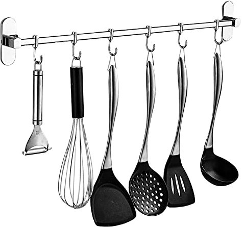 FC Fancy Hakenleiste ohne Bohren, Küchenleiste mit 6 Haken, Küchenhelfer Hängeleiste küchenstange mit Patentierter Kleber + Selbstklebender Kleber, Aluminium