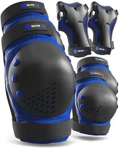 SKATEWIZ Inlinesskydd för vuxna, knäskydd, handledsskydd, armbågsskydd, skateboardskydd, storlek L/XL, blå och svart