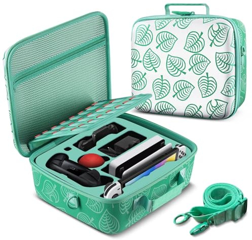 TNP Aufbewahrungstasche mit 2-in-1 tragbarer Reise-Tragetasche für Nintendo Switch New Horizon Animal Leaf Crossing Hartschale Eva-Material Tasche, Joy-Con-Controller, Spielkartenhalter