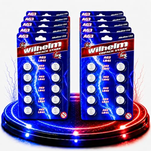 Wilhelm AG3 Alkaline Knopfzellen 1,5 V (LR41, L736, 192, 392) – 100 Stück