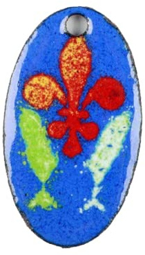 Pendentif fleur de lys avec poissons sur ovale émail sur cuivre