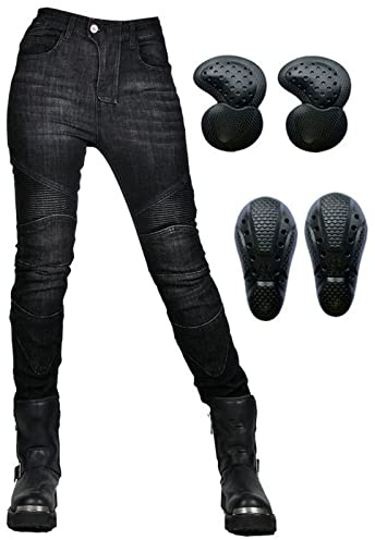 SHAIYOU Pantalones De Moto Para Mujer,Vaqueros De Motociclista Carreras Senderismo Pantalones Con 4 Almohadillas Protectoras Desmontables Y Bolsillos (Negro,L)