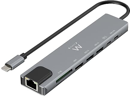 Ewent USB-C HDMI 8-in-1 Hub, USB-C to Dock Multiport 8-in-1, USB C Hub con 1000Mbps Ethernet, HDMI 4K,1 puerto USB-C PD,1 puerto USB-C, 2 puertos USB-A,1 puerto LAN,1 lector de tarjetas SD/TF,Aluminio