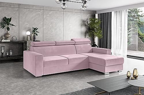 ALTDECOR Ecksofa rechts mit Schlaffunktion und Bettkasten mit Gasdruckfeder, Polstercouch in L-Form rechts angeordnet, rückenecht gepolstert, ideal als Gästebett - FIX - 242x168 cm Rosa