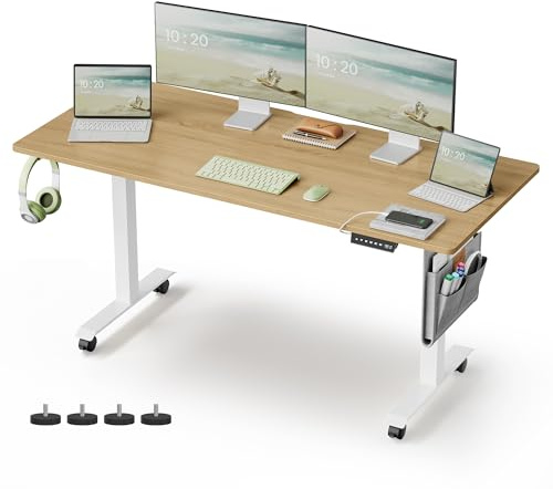 VASAGLE Höhenverstellbarer Schreibtisch elektrisch, 60 x 160 x (72-120) cm, stufenlos verstellbar, Memory-Funktion mit 4 Höhen, natureichenfarben LSD176N01