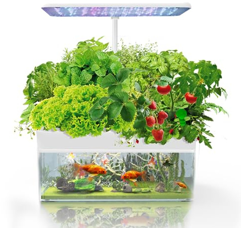 Hydroponics Growing System with Aquaponic Fish Tank, 12 Pods Indoor Herb Garden System, Automatic Timer for 3 Growing Modes, Herb Garden Kit with LED Light, Silent Water Pump, Adjustable Height