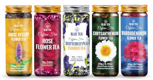 BLUE TEA - Flower Tea Combo - 4.05 Oz (Pack of 5) | VARIETY PACK | Combo Pack - Caffeine Free - Flower Based - Caffeine Free - Vegan - Non-Bitter - Non-GMO | Pet Jar Packs - Gift Box