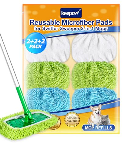 KEEPOW 6 Stück Wiederverwendbare Feuchte Bodentücher für Swiffer Sweeper | Bodenwischer Nass Trockengebrauch Nachfüllpack Tücher für Swiffer, Korallenvlies Chenille Mikrofaser Weiß Grün Blau