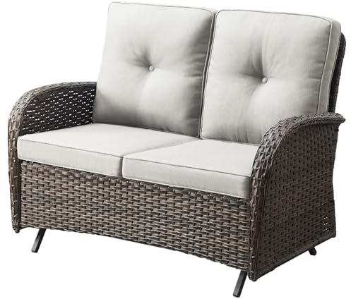 Belord Outdoor Glider Bench Patio Loveseat - 500 Lbs Weight Capacity 2 Seater Wicker Sofa, Small Porch Glider Furniture All Weather Rattan Couch with Removble Cushion for Balcony Deck Backyard, Brown