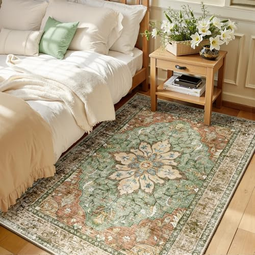RELEANY Area Rugs 3'x5' Washable Non-Slip, Floral Vintage Distress Print Pattern Medallion Carpet for Living Room Bedroom Dining Room, Brick Red Rust Neutral Brown Burnt Orange Green
