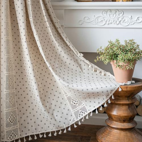 Daesar Beige Vorhänge, Vorhänge Lichtdurchlässig Stangendurchzug Bedruckt Blumen Motiv 150x300CM Gardinen Halbtransparent 2er Set für Wohnzimmer Küche