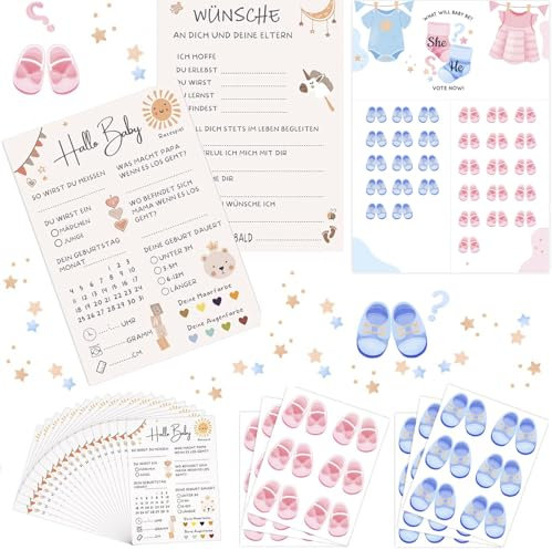 SUpoetry Babyparty Spiele Karten, Babyparty Karten zum Ausfüllen - (20 Karten - Beidseitig Bedruckt) - Deutsch, Gender Reveal Party Spiele - 1 Abstimmung Poster 36 Stickers Doppelseitige Klebepunkte