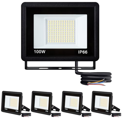 SUBTLETY 5x100W Aluminium Strahler für Arbeitsbeleuchtung LED Baustrahler Außen Sicherheitsbeleuchtung 230V Wandstrahler Superhelle Scheinwerfer Fluter Außenlampe für Garten Garage Gehwege (Kaltweiß)