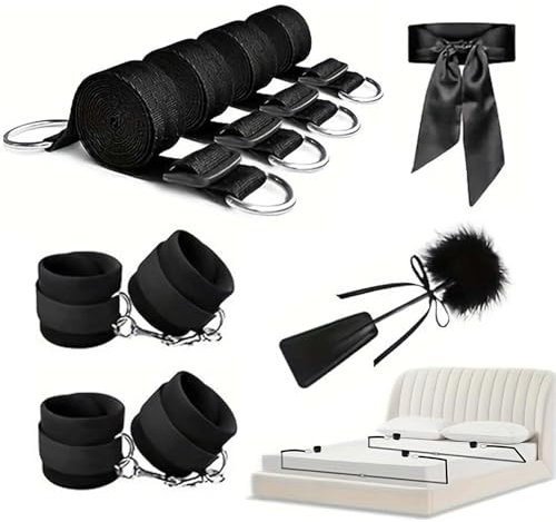 Bondage-Set Bett Fesseln für Paare - Fessel Set mit Bettfesseln & Handschellen & Augenbinde & Federkitzler - 8 Stück Bondageset für Extremer Anfänger & Erfahrene Paar - Bettfesseln für Frauen & Männer