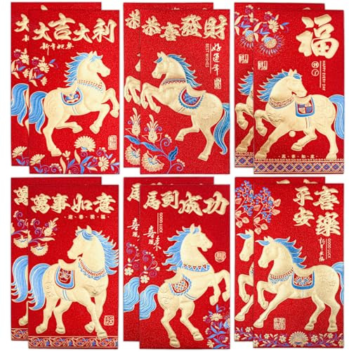 12 Stück Happy New Year Chinesisches Neujahr Rote Umschläge, Pferd 2026 Chinese New Year Red Envelopes, 2026 Pferd Geldpakete, Neujahrsgeldumschläge, Jahr Des Festival Geld Pakete für Frühling Festiva