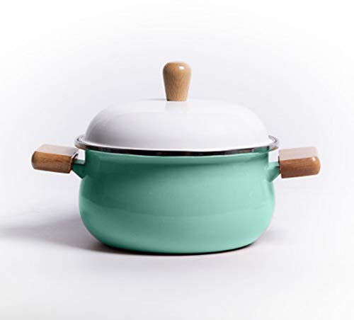Olla para cocinar, olla esmaltada + juego de olla para leche, mango de madera, gran capacidad con tapa, fácil de limpiar, apta para llamas abiertas/cocinas de i(Olla sopera verde claro de 20 cm)