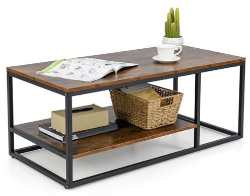 COSTWAY Couchtisch, Wohnzimmertisch Industrie-Design, Beistelltisch mit Metallgestell und Ablagen, Einfache Aufbau, Sofatisch Holz, Vintage, 105 x 50 x 42,5 cm
