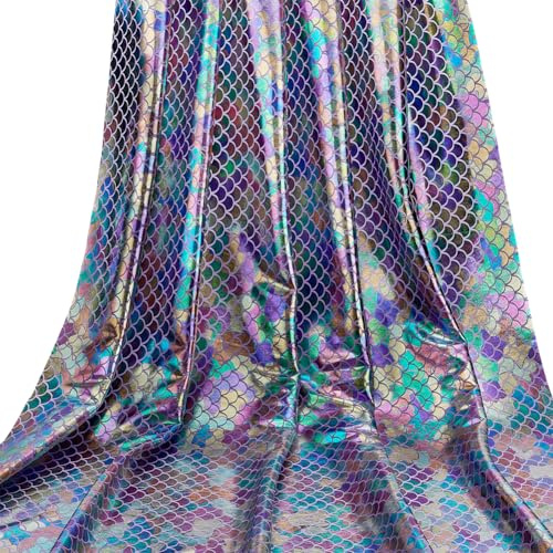 FINGERINSPIRE 1.1Yard/1m Colorful Sparkly Hologram Fish Scale Fabric, Polyester, Non-Stretchy, Light Purple, Decorative Fabric for Carnival Decor
