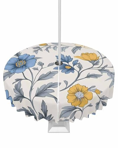 QueenKer Vintage Floral Outdoor Tablecloth with Umbrella Hole and Zipper 54 Round Table Cover Blue Yellow Flowers Leaves Waterproof Tabletop Collection for Patio Garden Picnic Camping