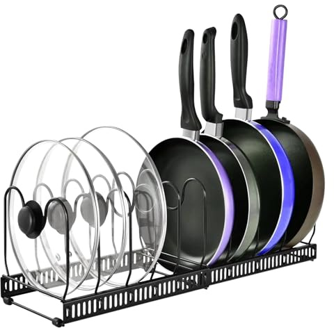 Hisdricus Verstellbarer Topfdeckelhalter|Pfannen Organizer mit verstellbaren Trennwänden|ideal für Geschirr Organizer und Schrankauszug in der Küche (schwarz, 10 Fächer)