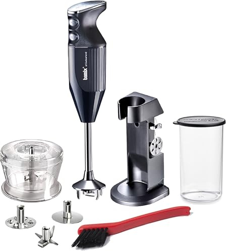 bamix Set mixeur plongeant M200 Chef’s favorite avec support, récipient, 3 embouts, hachoir, brosse de nettoyage, 200 W, Fabriqué en Suisse, Noir/chrome
