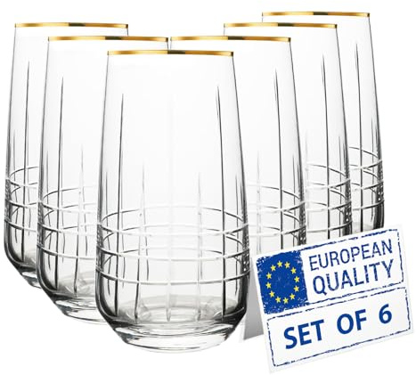 Biandeco Gold Rim Drinking Glasses | Set of 6 | Handmade Crystal Cut Tall Highball Glass Cups, Glassware for Cocktail, Long Drink, Water, Juice, Ice Tea, Mojito, 16 oz