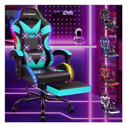 ELFORDSON LED Gaming Chair with 8-Point Massage, Ergonomic Computer Office Chairs with Headrest, Lumbar Cushion, Footrest, RGB Light, High Back 150° Reclining, 360° Swivel, PU Leather, Cyan