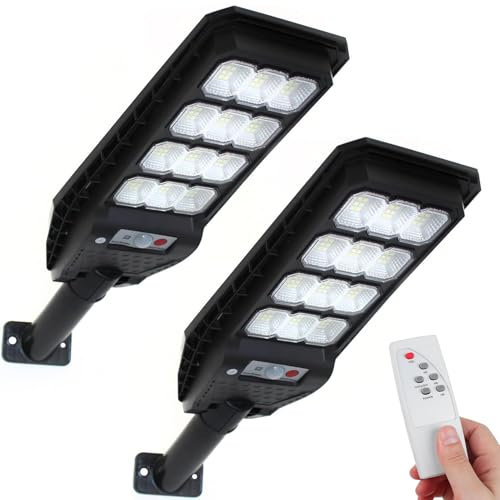 081 Store - 2 PEZZI lampione solare con 144 LED esterno 200W, con palo e telecomando, sensore di movimento e crepuscolare luce bianoc freddo 6500k