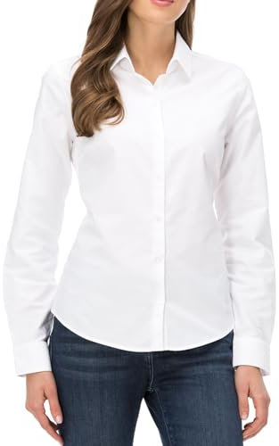 JiaYouLC Women's Long Sleeve Blouses & Shirts Stretch Formal Button Down T Shirts Executive Office Business Casual Tops for Ladies (UK, Alpha, M, Regular, Regular, White, Long Sleeve)