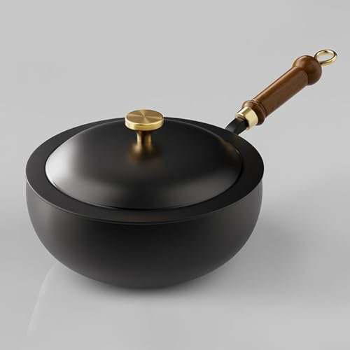 CWOQOCW Padella in ferro battuto martellato a mano, fondo piatto, pentola multifunzione non rivestita per cucina con coperchio e pala (24 x 11 cm)