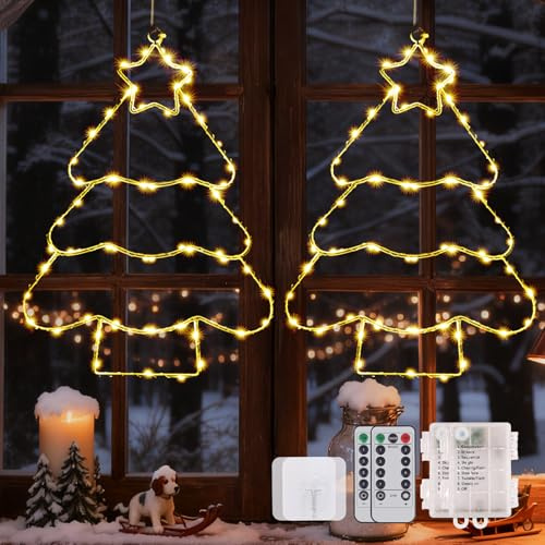 Lucalda LED Weihnachtsdeko Fenster: 2 Pack 65 Warmweiße LED Weihnachtsbaum Fensterbeleuchtung Weihnachten Hängeleuchten Vorhang Lichter - Weihnachtsbeleuchtung Fenster mit Timer Batteriebetrieben