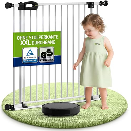 Bomi Treppenschutzgitter Merle Flatstep, Breite 79-87 cm | Türschutzgitter ohne Bohren, stabile Kindersicherung für Kind & Hund, TÜV geprüftes Hundegitter, Türgitter, Treppengitter, Metall Weiß