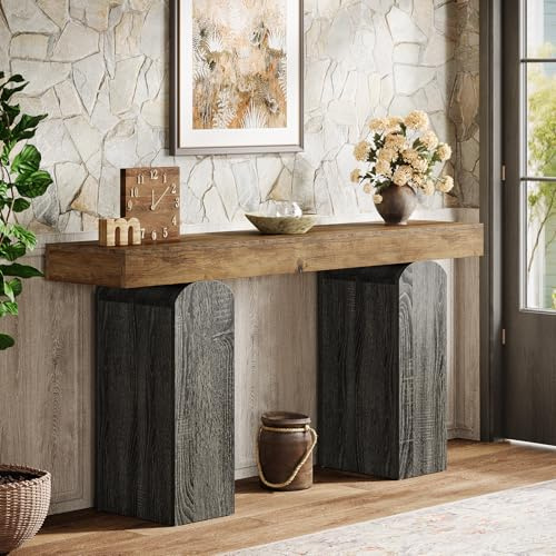 Tribesigns Tavolo lungo corridoio da 63, consolle in stile rustico con 2 gambe a colonna curve, console per divano in legno dietro il divano per ingresso, corridoio, soggiorno (vintage marrone e