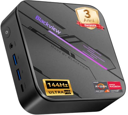 Blackview MP100Pro Mini PC (2026) con AMD Ryzen 5 7430U, Win 11 Pro Mini Ordenadores de sobremesa, 16GB RAM (Ultra-rápido 3733 MT/S) 512GB SSD, 4K 144Hz, Iluminación RGB, WiFi 6 para Oficina, Hogar