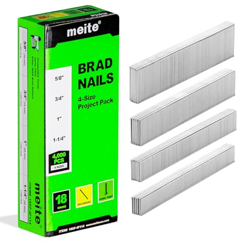 meite 18 Gauge Brad Nails, Assorted 4 Sizes (16,19, 25, 32 mm 1,000 Per Size) Galvanised Type 18G Brad Nails for Pneumatic, Electric Brad Nail Gun Nailer, Project Pack 4,000 Counts