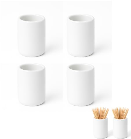 ROHIJALE 4Packs Mini White Ceramic Toothpick Holder Small Porcelain Toothpick Dispenser Cup Modern Tabletop Toothpick Container for Home, Kitchen, Dining, Party Size 1.3in Dia x 1.8in H