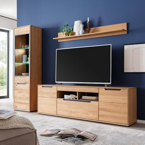 Lomadox Wohnwand Eiche teilmassiv modern 3-teilig, 1 Vitrine, 1 Wandboard, 1 Lowboard, LED-Beleuchtung - Massivholz/Echtholz/Furniert
